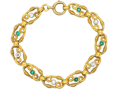 French Belle Epoque 18ct Gold Diamond & Emerald Bracelet