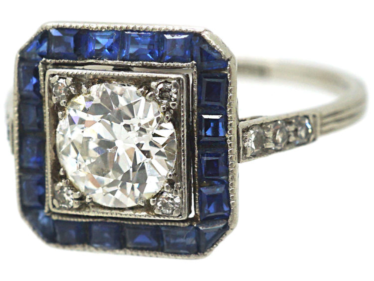 Art Deco Platinum, Sapphire & Diamond Square Ring