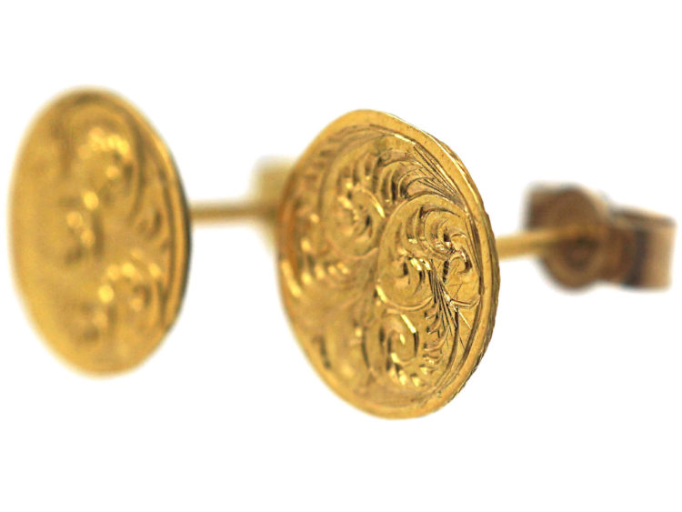 Victorian Engraved 15ct Gold Round Stud Earrings
