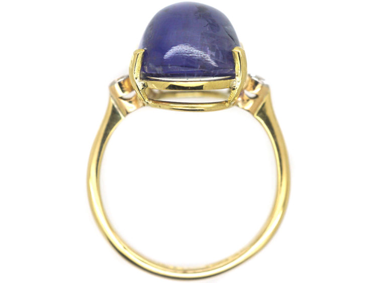 Art Deco 18ct Gold Large Cabochon Sapphire Ring with Diamond Set Shoulders