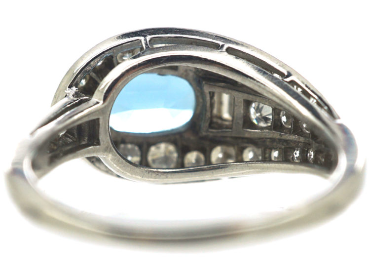 Art Deco Platinum, Aquamarine & Diamond Wrap Over Buckle Design Ring