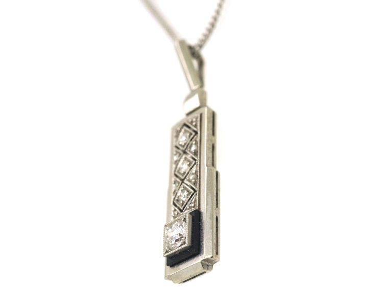 Art Deco 14ct White Gold, Diamond & Onyx Pendant on a Chain