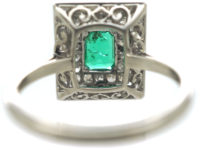 Art Deco 18ct White Gold, Emerald & Diamond Rectangular Ring