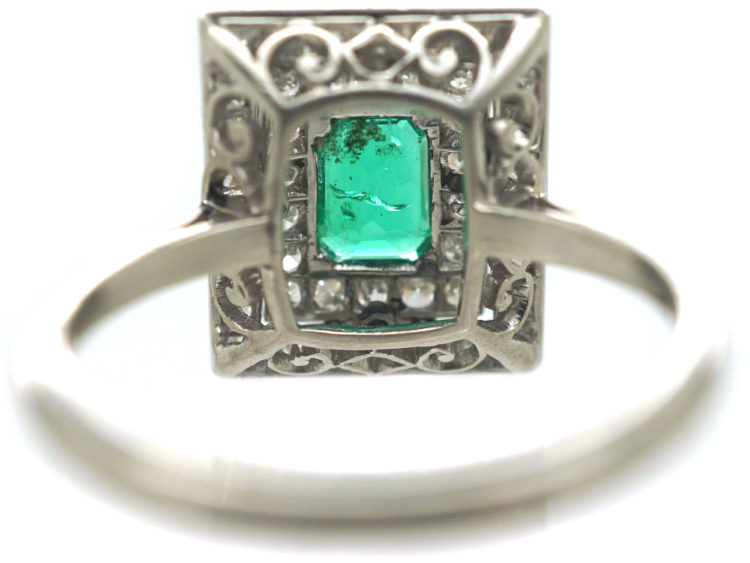 Art Deco 18ct White Gold, Emerald & Diamond Rectangular Ring