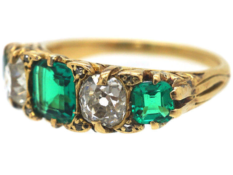 Victorian 18ct Gold, Colombian Emerald & Diamond Five Stone Carved Half Hoop Ring