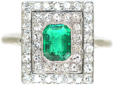 Art Deco 18ct White Gold, Emerald & Diamond Rectangular Ring