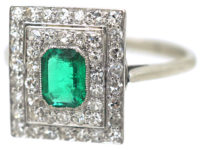 Art Deco 18ct White Gold, Emerald & Diamond Rectangular Ring