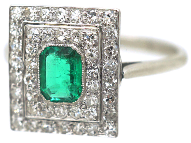 Art Deco 18ct White Gold, Emerald & Diamond Rectangular Ring