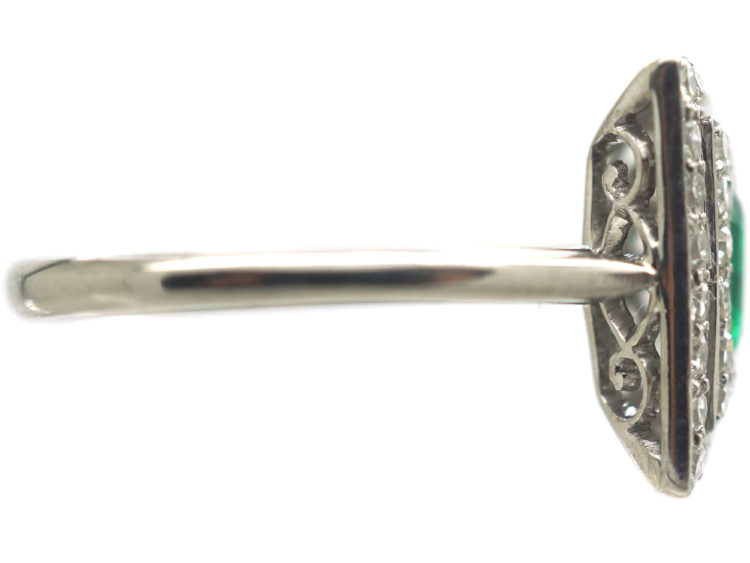 Art Deco 18ct White Gold, Emerald & Diamond Rectangular Ring