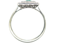 Art Deco 18ct White Gold, Emerald & Diamond Rectangular Ring