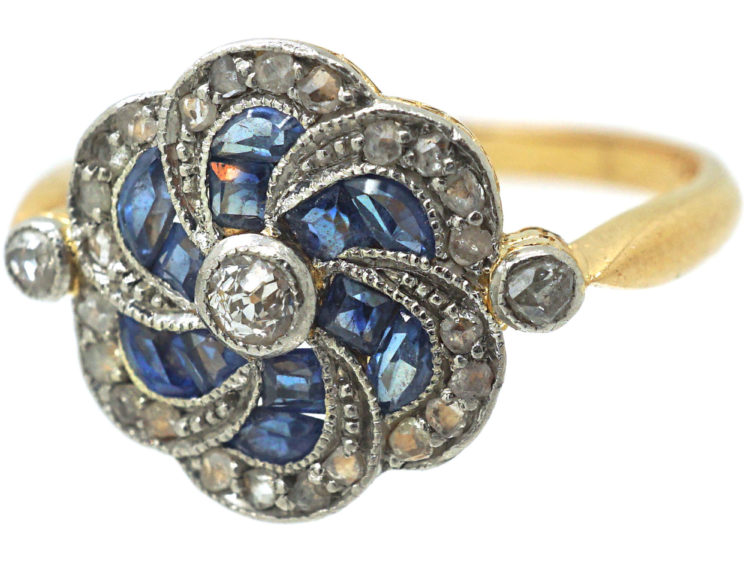 Edwardian 18ct Gold & Platinum Catherine Wheel Design Ring set with Sapphires & Diamonds