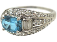 Art Deco Platinum, Aquamarine & Diamond Wrap Over Buckle Design Ring