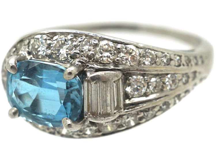 Art Deco Platinum, Aquamarine & Diamond Wrap Over Buckle Design Ring