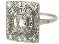 Art Deco Rectangular Platinum & Diamond Ring with Key Design Detail