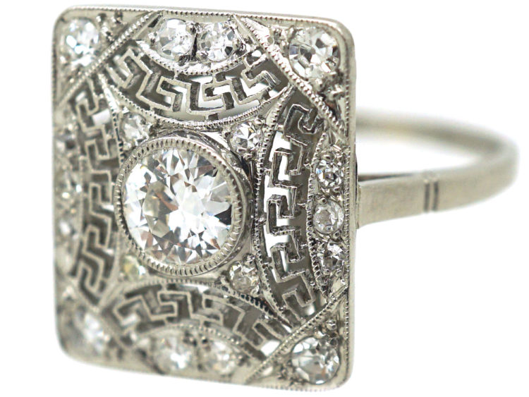Art Deco Rectangular Platinum & Diamond Ring with Key Design Detail