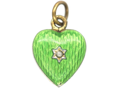Edwardian Silver Gilt & Green Enamel Heart Shaped Pendant set with a Natural Split Pearl