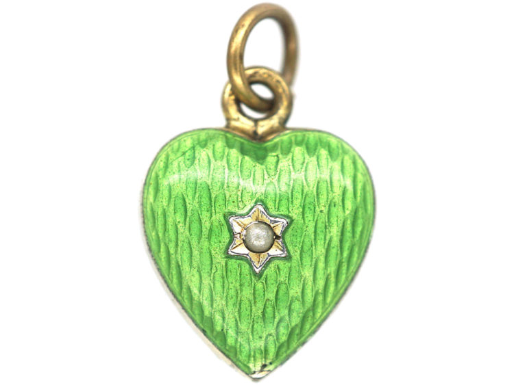 Edwardian Silver Gilt & Green Enamel Heart Shaped Pendant set with a Natural Split Pearl