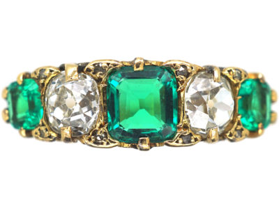 Victorian 18ct Gold, Colombian Emerald & Diamond Five Stone Carved Half Hoop Ring