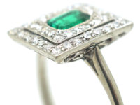 Art Deco 18ct White Gold, Emerald & Diamond Rectangular Ring