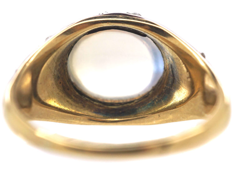 Edwardian 18ct Gold, Moonstone, Enamel & Rose Diamond Ring