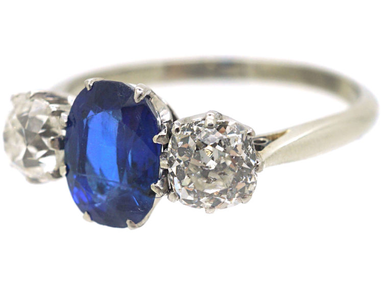 Art Deco 18ct White Gold, Three Stone Sapphire & Diamond Ring
