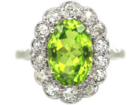 Edwardian 18ct White Gold, Diamond & Peridot Oval Cluster Ring