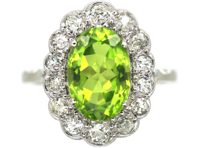 Edwardian 18ct White Gold, Diamond & Peridot Oval Cluster Ring