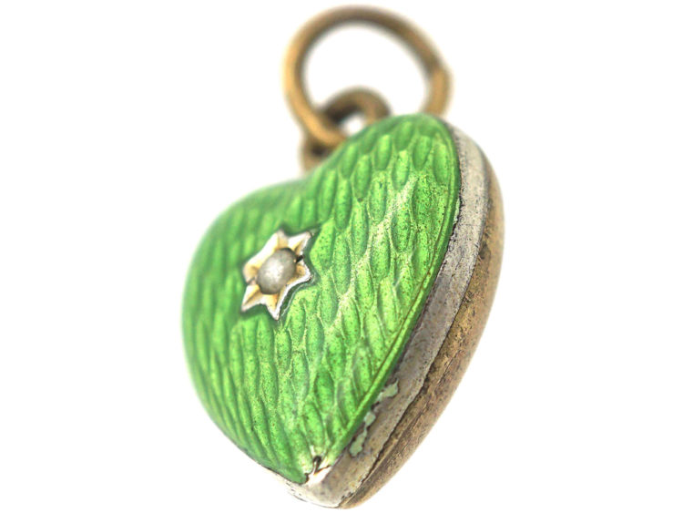 Edwardian Silver Gilt & Green Enamel Heart Shaped Pendant set with a Natural Split Pearl