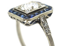 Art Deco Platinum, Sapphire & Diamond Square Ring