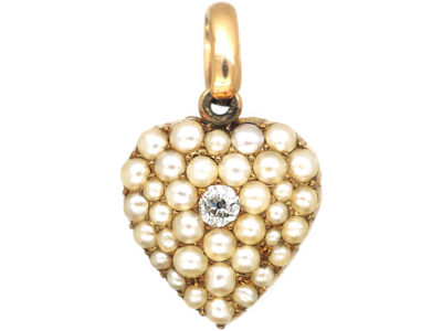 Edwardian 15ct Gold Heart Pendant set with Natural Split Pearls & a Diamond
