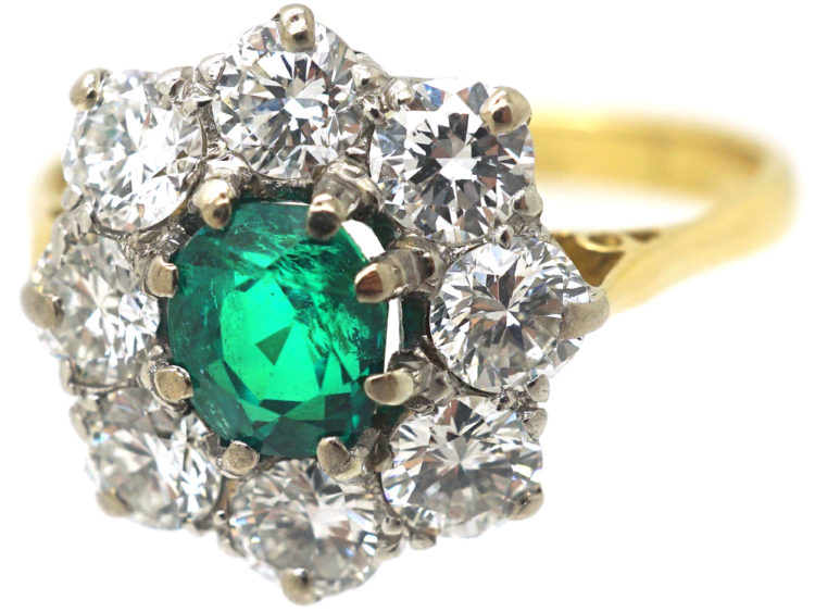 Edwardian 18ct Gold, Emerald & Diamond Cluster Ring