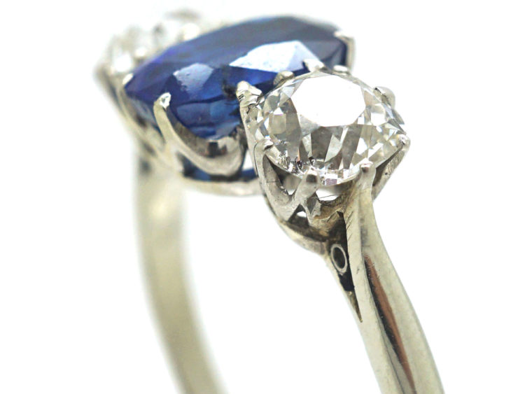 Art Deco 18ct White Gold, Three Stone Sapphire & Diamond Ring