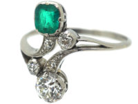 Art Nouveau Emerald & Diamond Cross Over Ring