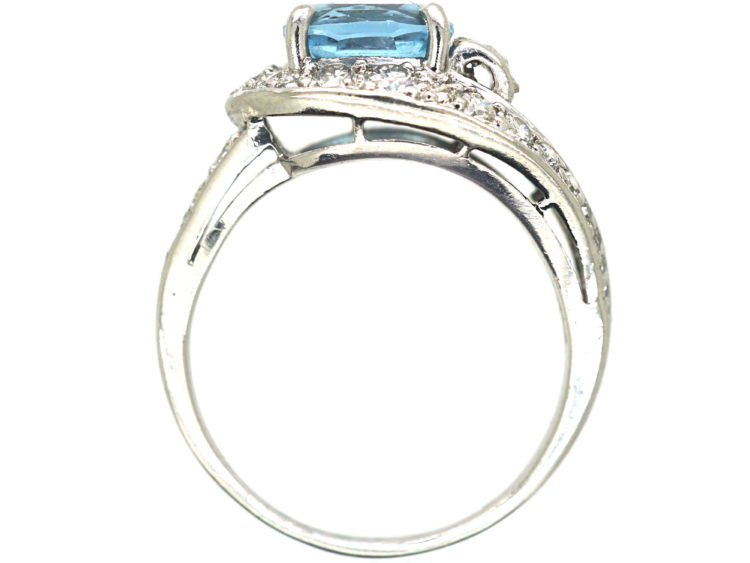 Art Deco Platinum, Aquamarine & Diamond Wrap Over Buckle Design Ring