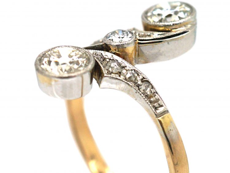 French Import 18ct Gold & Platinum Art Nouveau Two Stone Diamond Ring