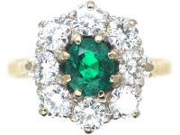 Edwardian 18ct Gold, Emerald & Diamond Cluster Ring