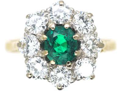 Edwardian 18ct Gold, Emerald & Diamond Cluster Ring
