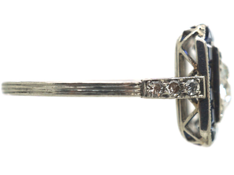 Art Deco Platinum, Sapphire & Diamond Square Ring