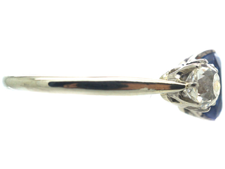 Art Deco 18ct White Gold, Three Stone Sapphire & Diamond Ring