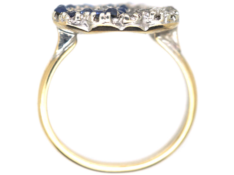 Edwardian 18ct Gold, Sapphire & Rose Diamond Entwined Double Heart Ring