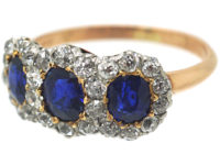 Edwardian 18ct Gold, Sapphire & Diamond Triple Cluster Ring