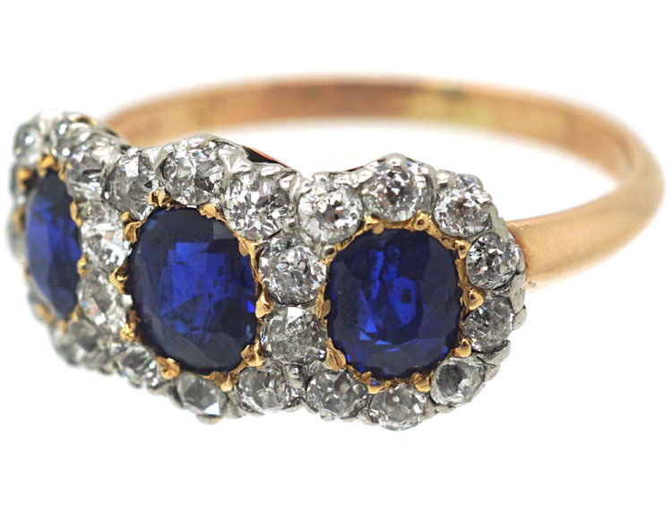 Edwardian 18ct Gold, Sapphire & Diamond Triple Cluster Ring