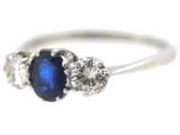 Art Deco 18ct White Gold, Sapphire & Diamond Three Stone Ring