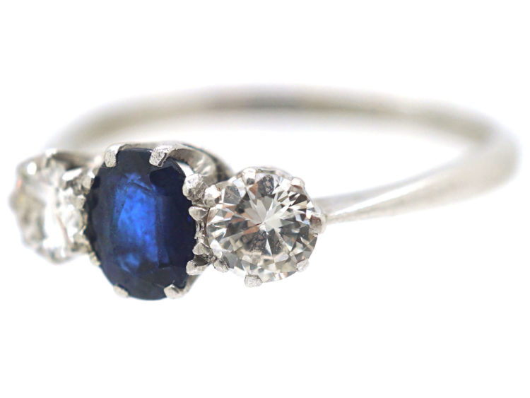 Art Deco 18ct White Gold, Sapphire & Diamond Three Stone Ring