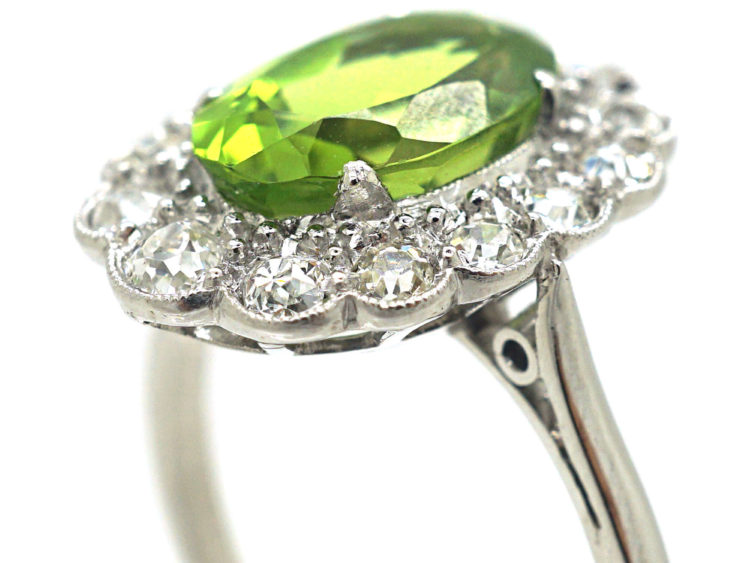 Edwardian 18ct White Gold, Diamond & Peridot Oval Cluster Ring