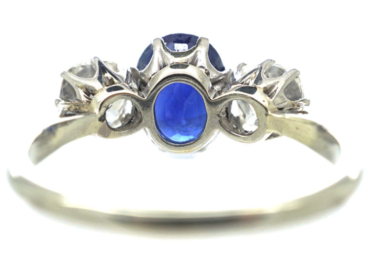 Art Deco 18ct White Gold, Three Stone Sapphire & Diamond Ring
