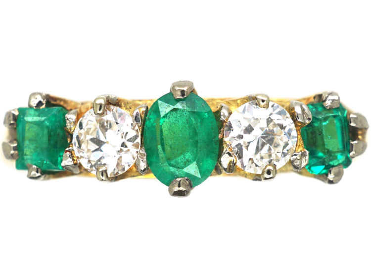 Edwardian 18ct Gold, Emerald & Diamond Five Stone Ring