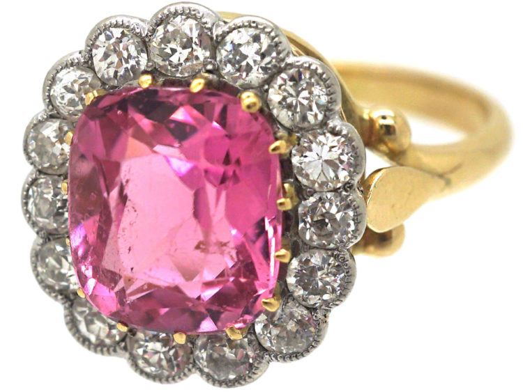 Edwardian 18ct Gold & Platinum, Pink Tourmaline & Diamond Cluster Ring