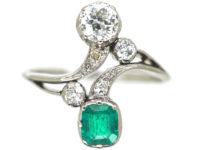 Art Nouveau Emerald & Diamond Cross Over Ring
