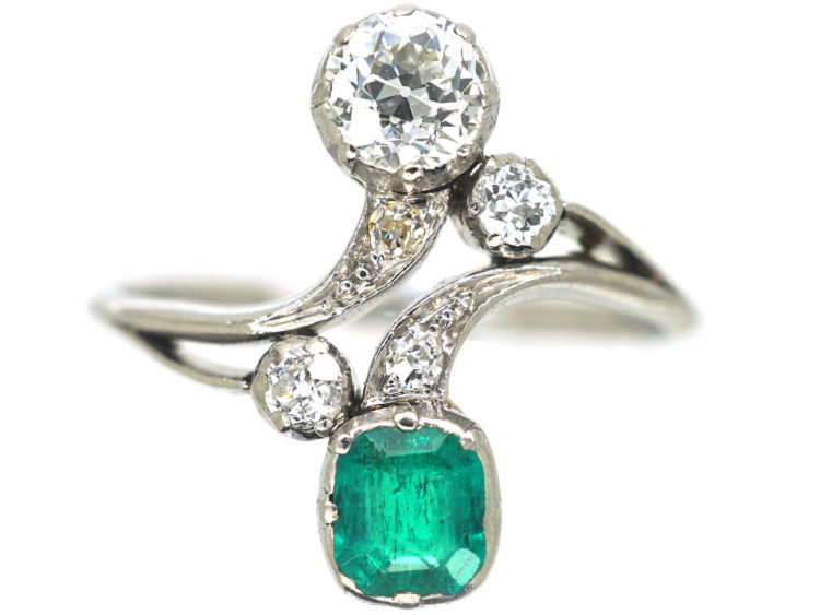 Art Nouveau Emerald & Diamond Cross Over Ring
